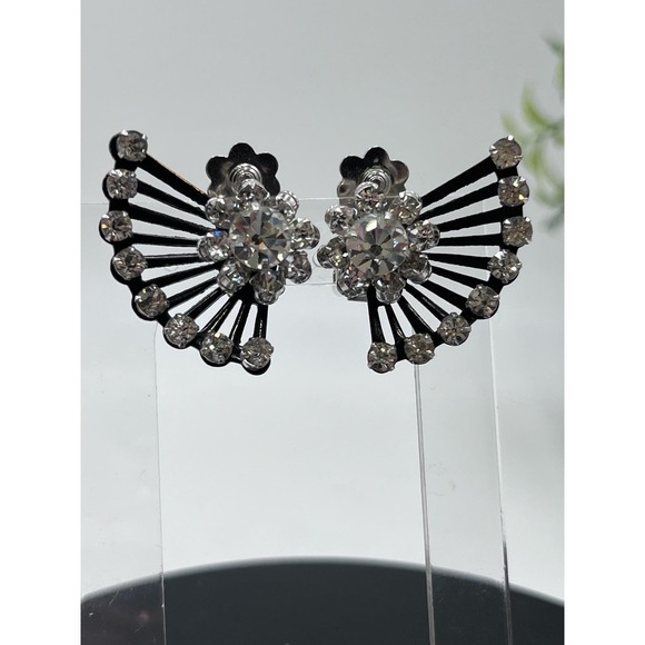 Coro Vintage Signed Rhinestone Clip-On Fan Silver Tone Black Crystal Earrings - Picture 11 of 16